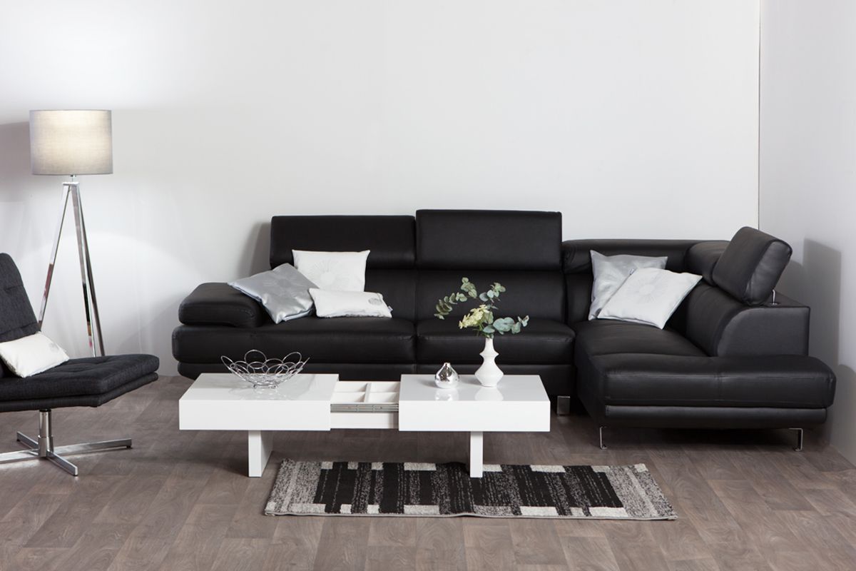Sofá de esquina en cuero negro con cabeceros ajustables JENKINS Sofá de esquina en cuero negro con cabeceros ajustables JENKINS