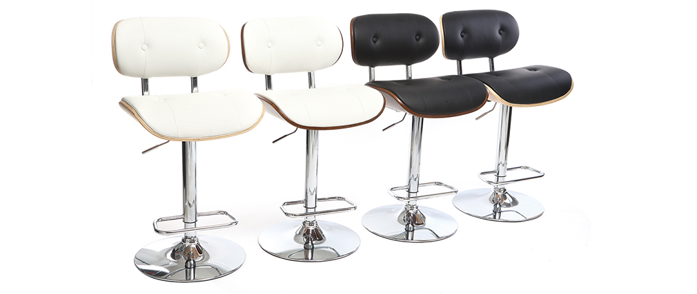 Taburete moderno/vintage polipiel negro y madera clara MARTY